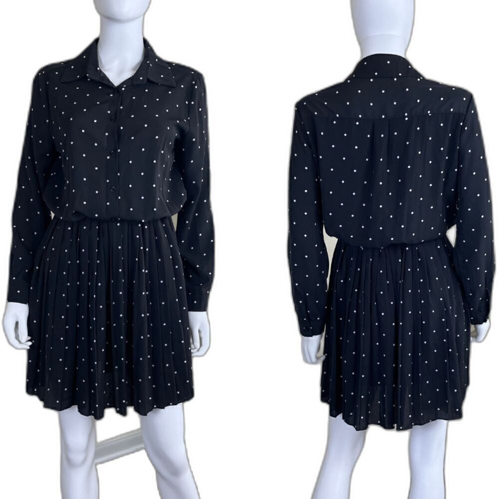 Sandro Moscoloni Women Size S Black Polka Dot Pleated Blouse Mini Dress Pullover